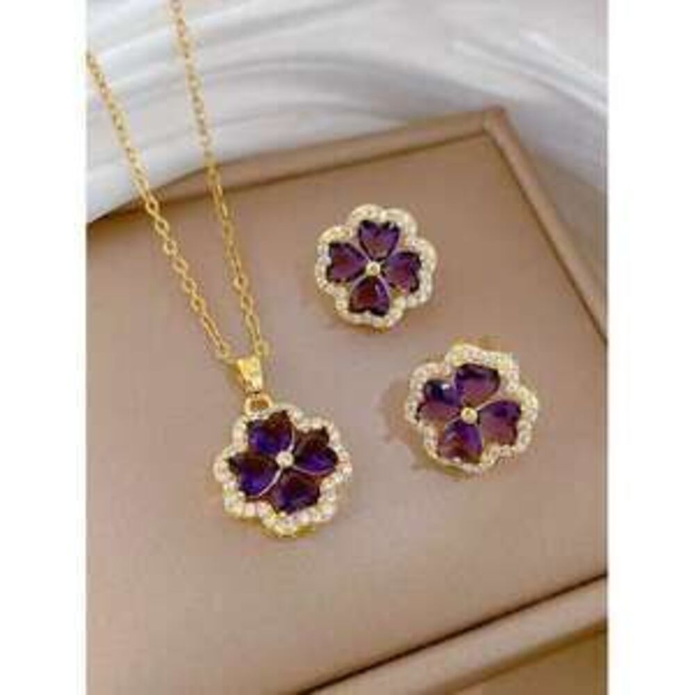 1 Stainless Steel Chain Purple Clover Flower Pendant Necklace and Earrings Set,